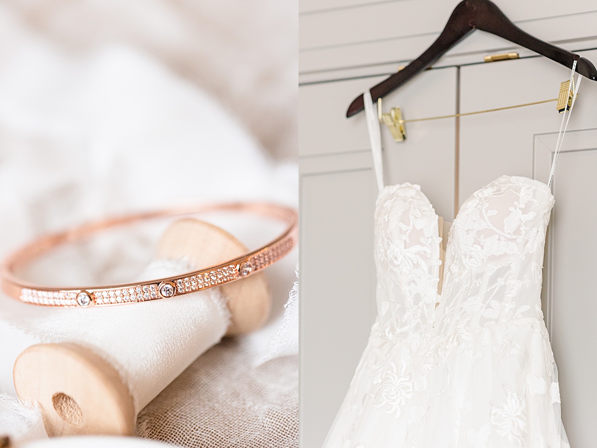 The bridal details styled with pastel pink blooms that match the bride's bouquet.