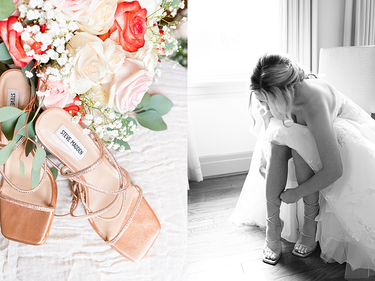 The bride is lacing up her rose gold bridal shoes.