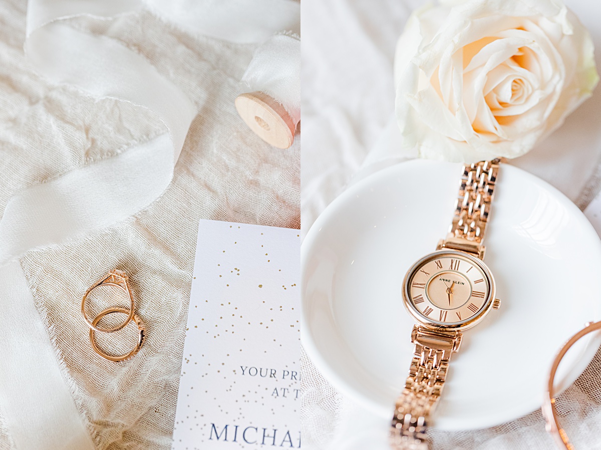 The bridal details styled with pastel pink blooms that match the bride's bouquet.