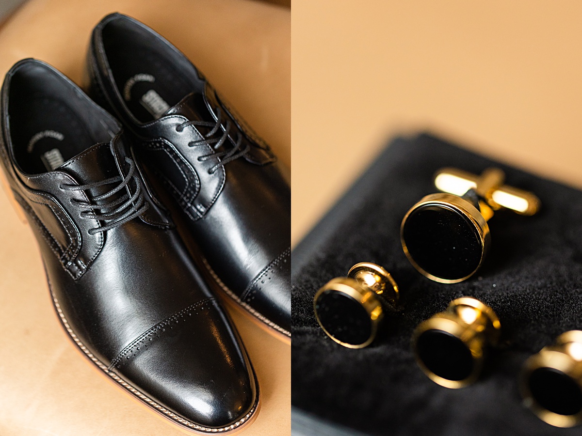 Groom details photo of his shoes and cuff links.