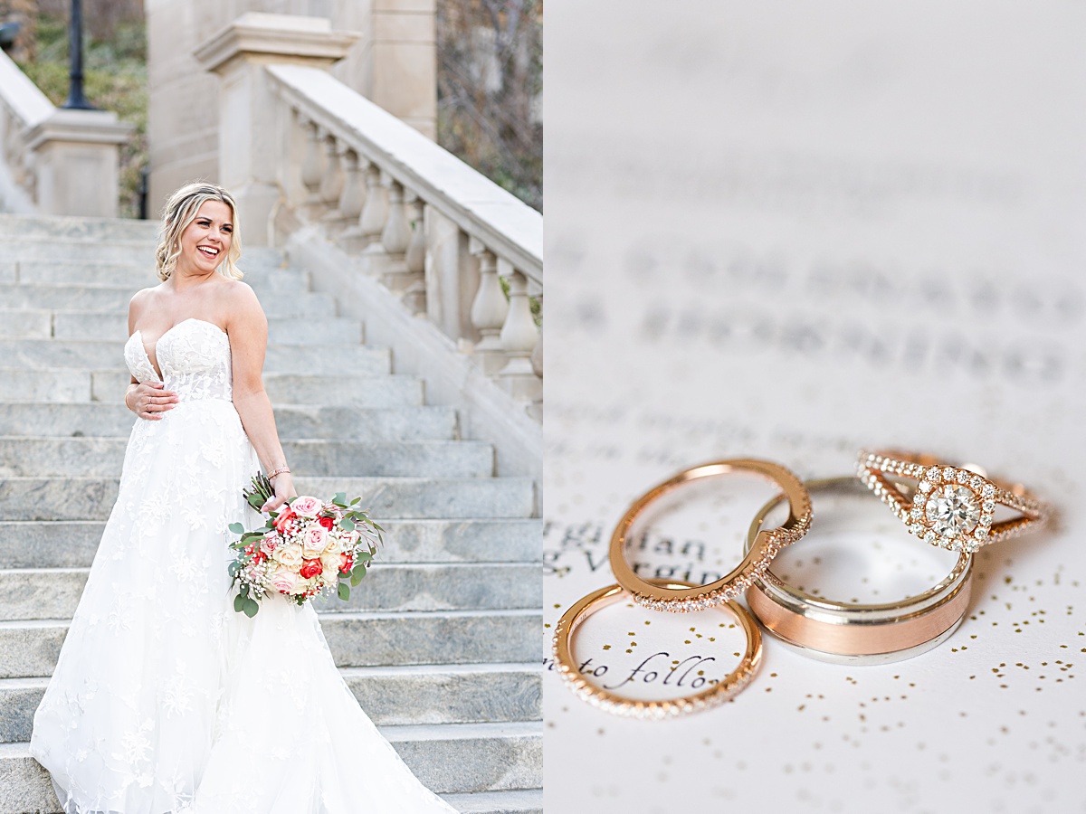 The bridal details styled with pastel pink blooms that match the bride's bouquet.