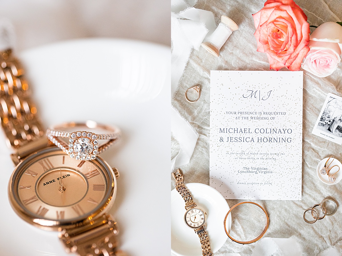 The bridal details styled with pastel pink blooms that match the bride's bouquet.