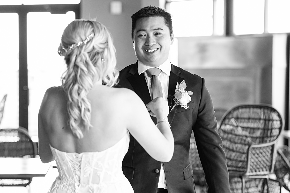 First look reaction with bride and groom before the ceremony at The Virginian Hotel in Lynchburg, Virginia.