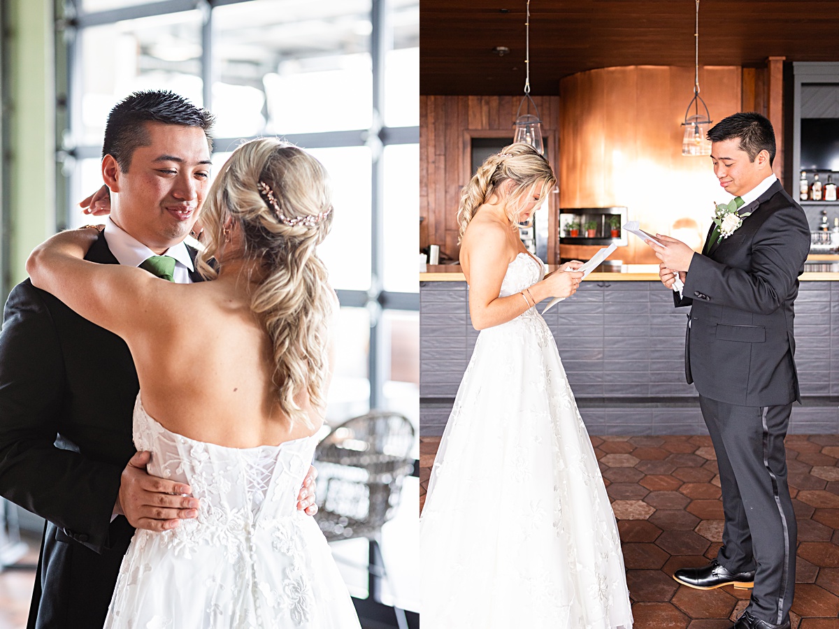 First look reaction with bride and groom before the ceremony at The Virginian Hotel in Lynchburg, Virginia.