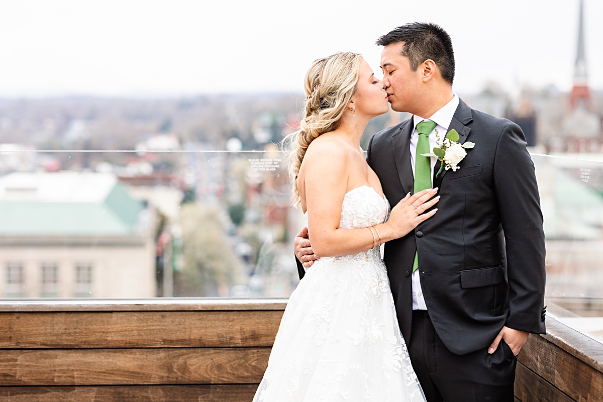 Portrait of the bride and groom on the rooftop of The Virginian Hotel in Lynchburg, Virginia.