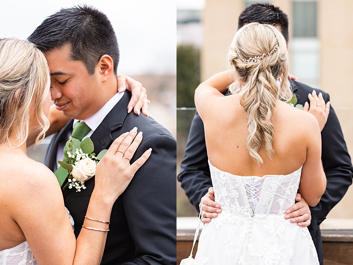 Portrait of the bride and groom on the rooftop of The Virginian Hotel in Lynchburg, Virginia.