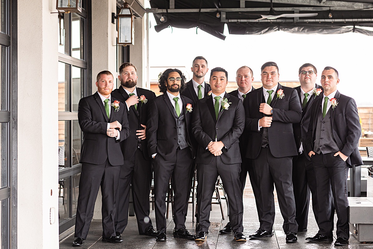 Groom and groomsmen portrait on the rooftop of The Virginian Hotel in Lynchburg, Virginia.