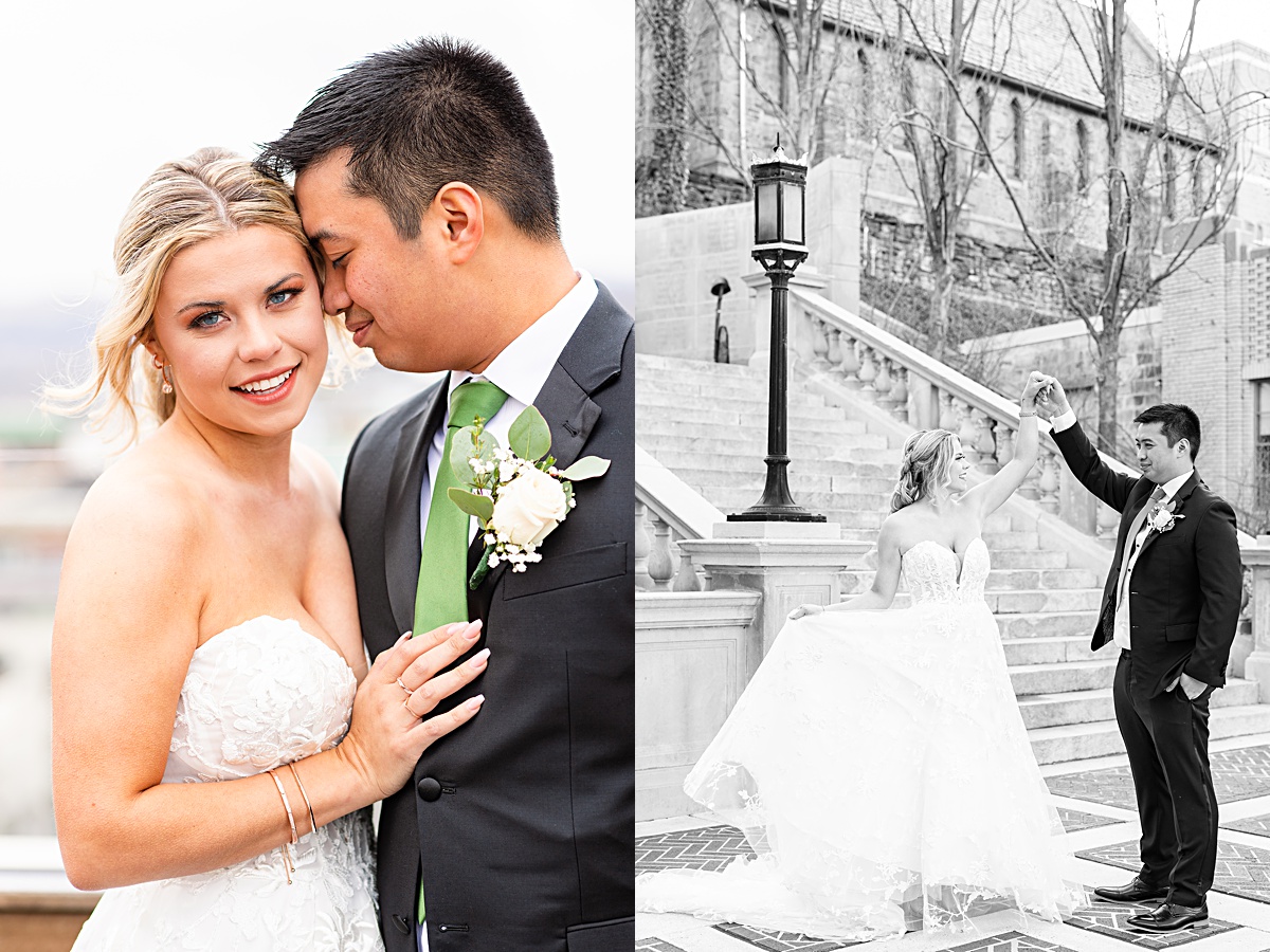 Portrait of the bride and groom on the rooftop of The Virginian Hotel in Lynchburg, Virginia.