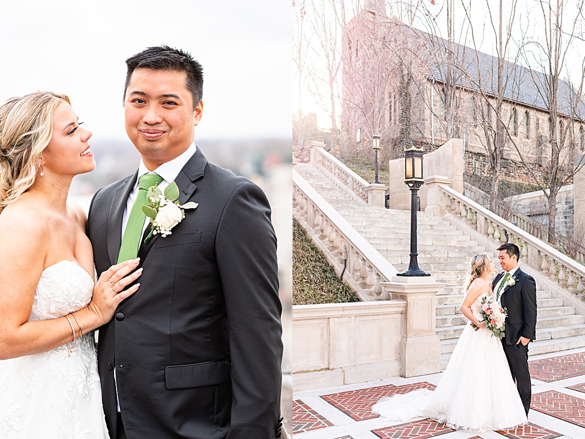 Portrait of the bride and groom on the rooftop of The Virginian Hotel in Lynchburg, Virginia.