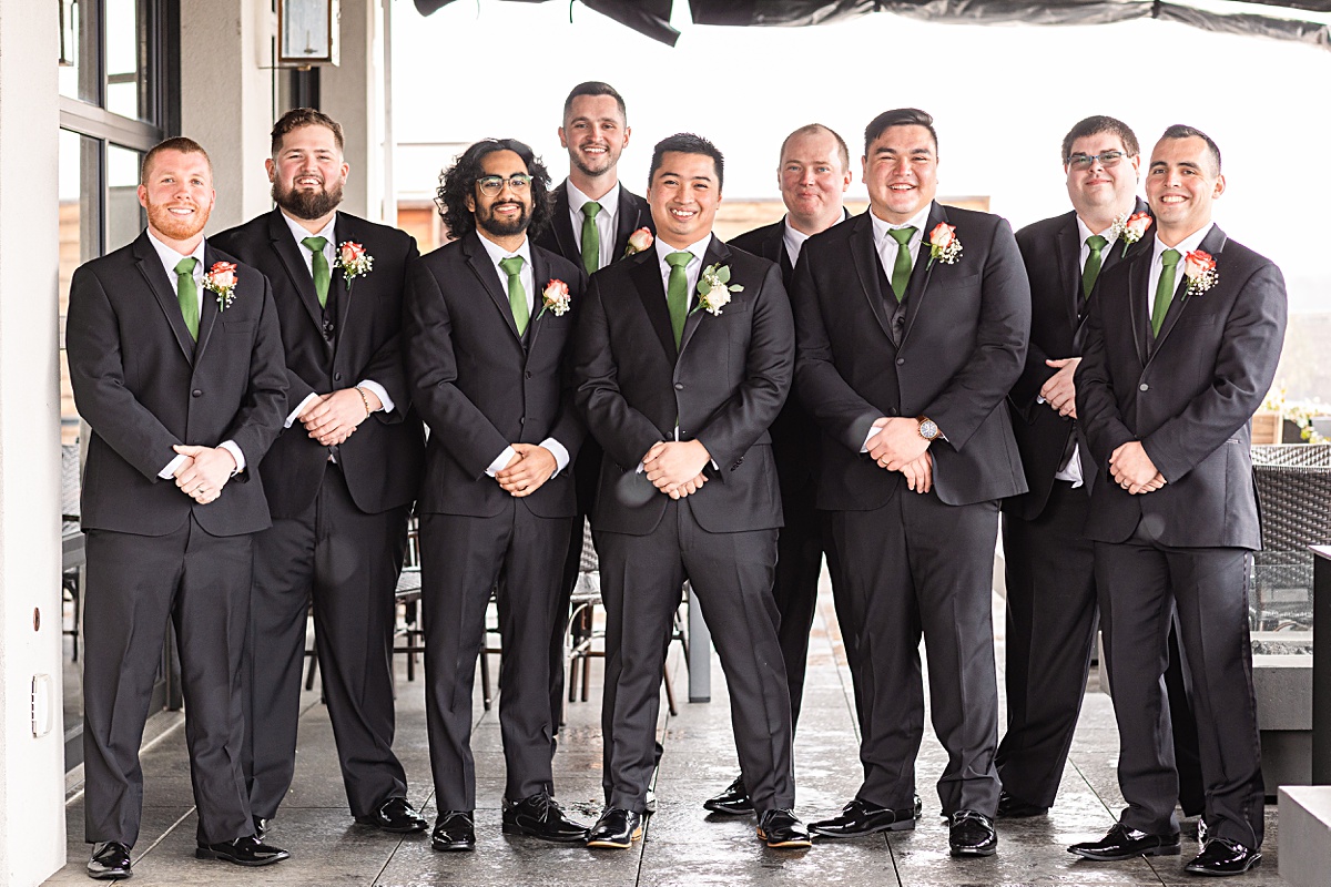 Groom and groomsmen portrait on the rooftop of The Virginian Hotel in Lynchburg, Virginia.