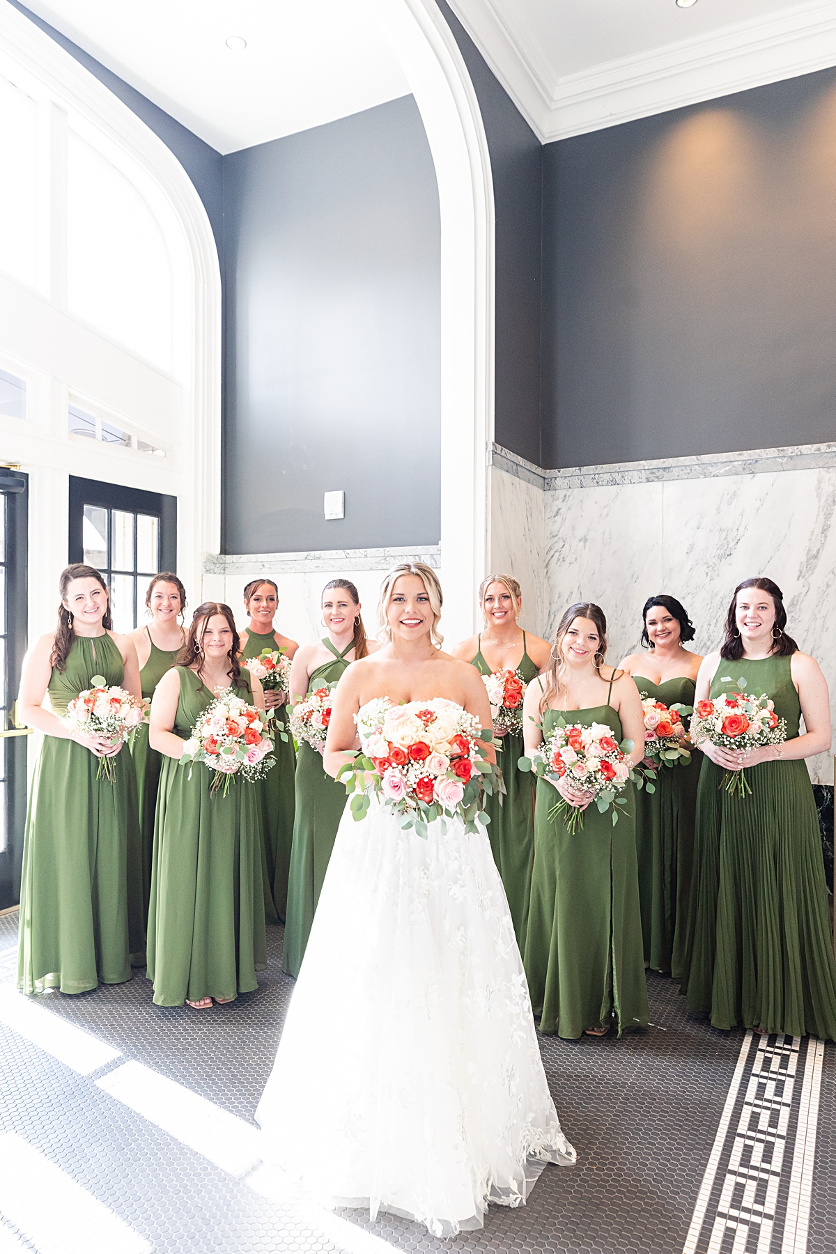 Bride and bridesmaids portrait in the lobby of The Virginian Hotel in Lynchburg, Virginia.