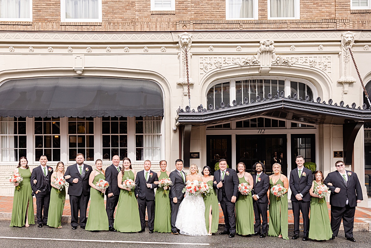 Bridal party portrait in front of The Virginian Hotel in Lynchburg, Virginia.