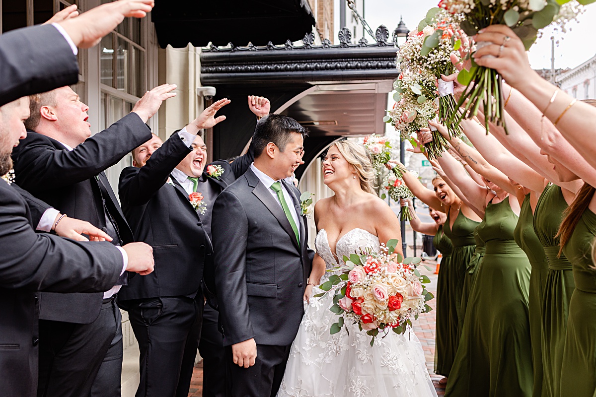 Bridal party portrait in front of The Virginian Hotel in Lynchburg, Virginia.