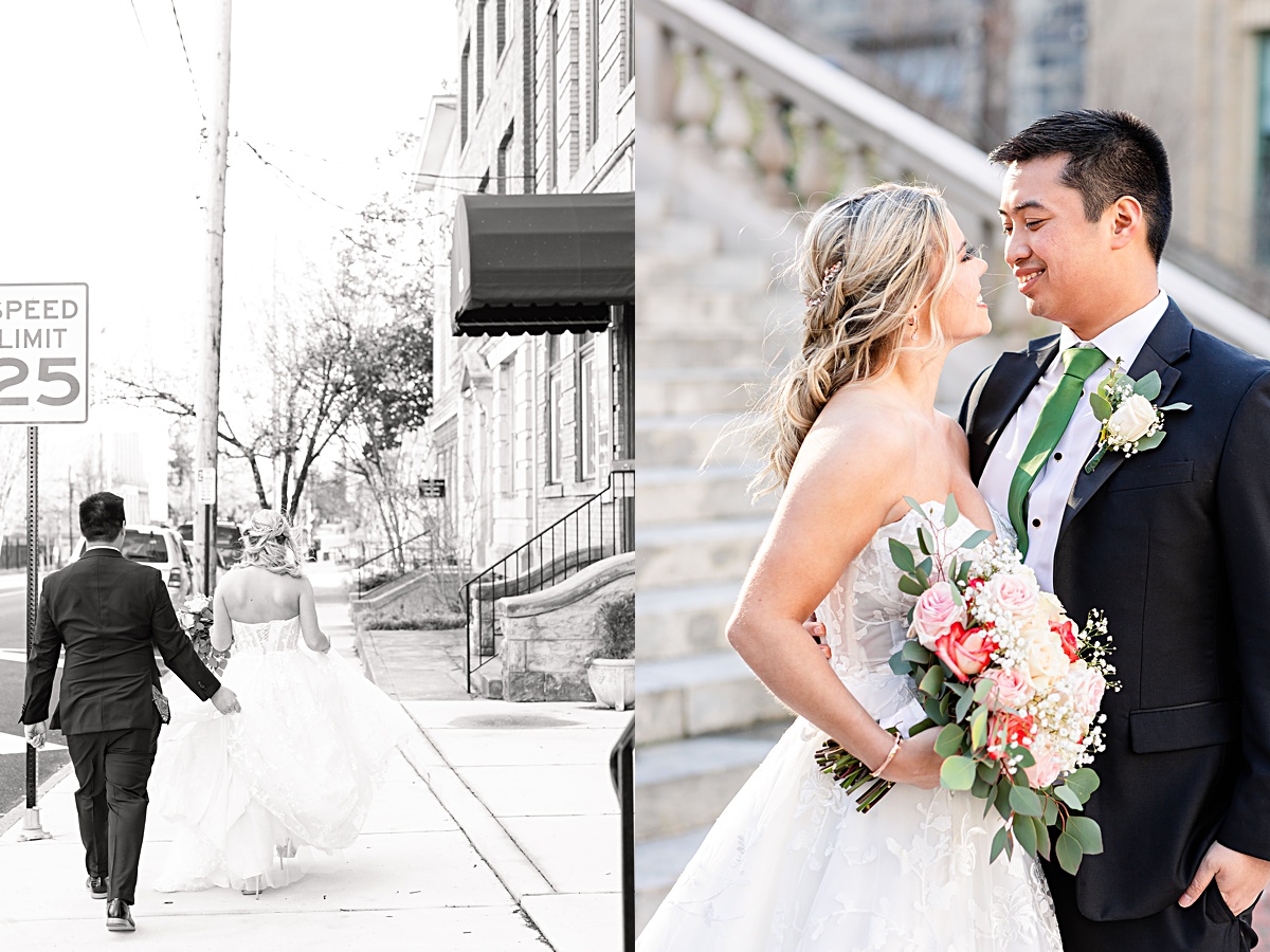 Portrait of the bride and groom on the stairs of Monument Terrace in Downtown Lynchburg at The Virginian Hotel in Lynchburg, Virginia.