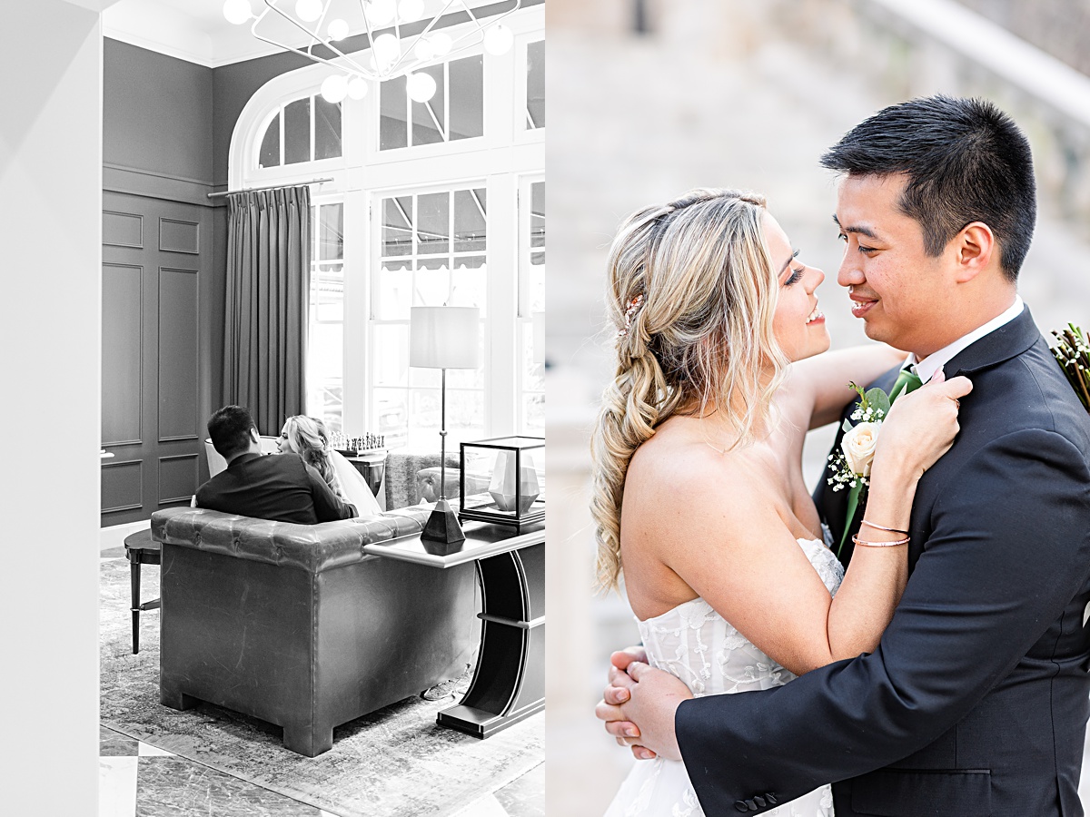 Bride and groom portrait in the lobby of The Virginian Hotel in Lynchburg, Virginia.