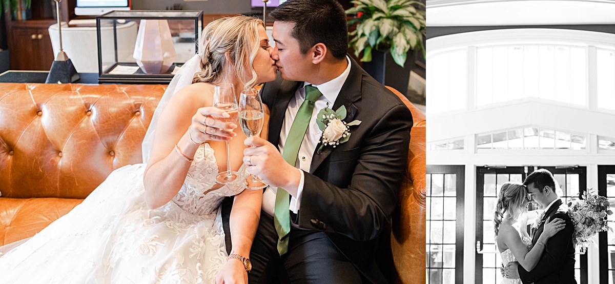 Bride and groom portrait in the lobby of The Virginian Hotel in Lynchburg, Virginia.