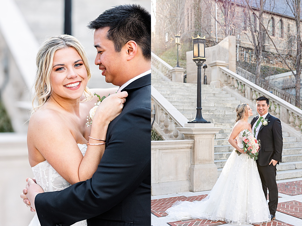 Portrait of the bride and groom on the stairs of Monument Terrace in Downtown Lynchburg at The Virginian Hotel in Lynchburg, Virginia.