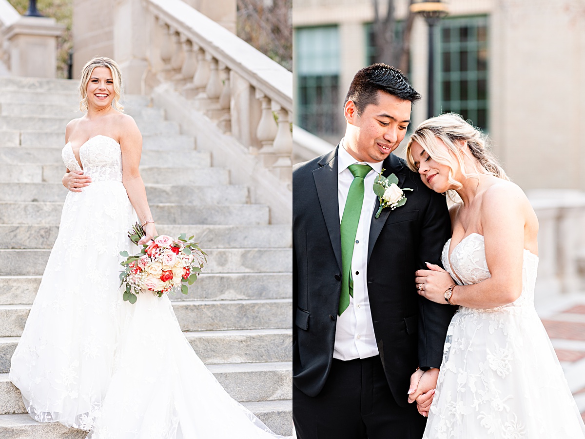 Portrait of the bride and groom on the stairs of Monument Terrace in Downtown Lynchburg at The Virginian Hotel in Lynchburg, Virginia.