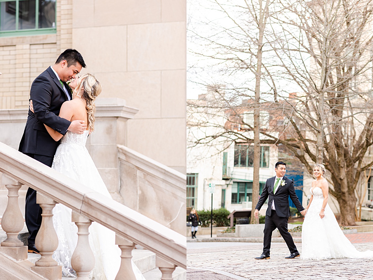 Portrait of the bride and groom on the stairs of Monument Terrace in Downtown Lynchburg at The Virginian Hotel in Lynchburg, Virginia.