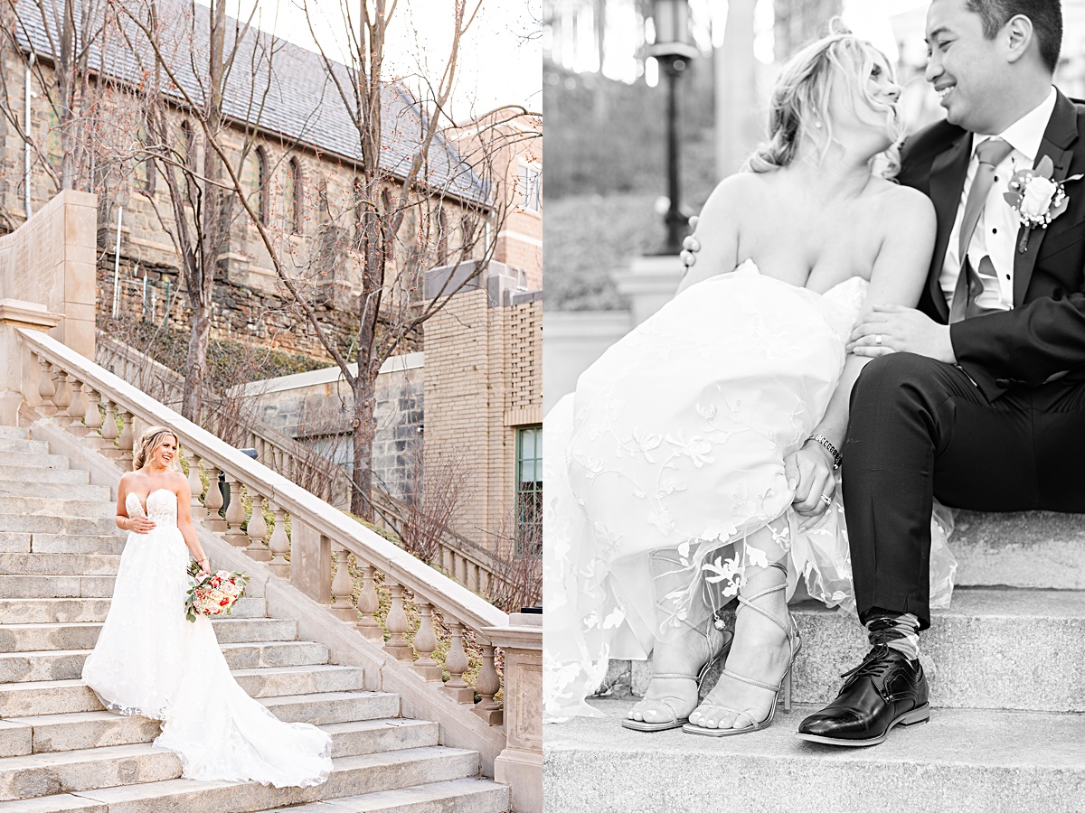 Portrait of the bride and groom on the stairs of Monument Terrace in Downtown Lynchburg at The Virginian Hotel in Lynchburg, Virginia.