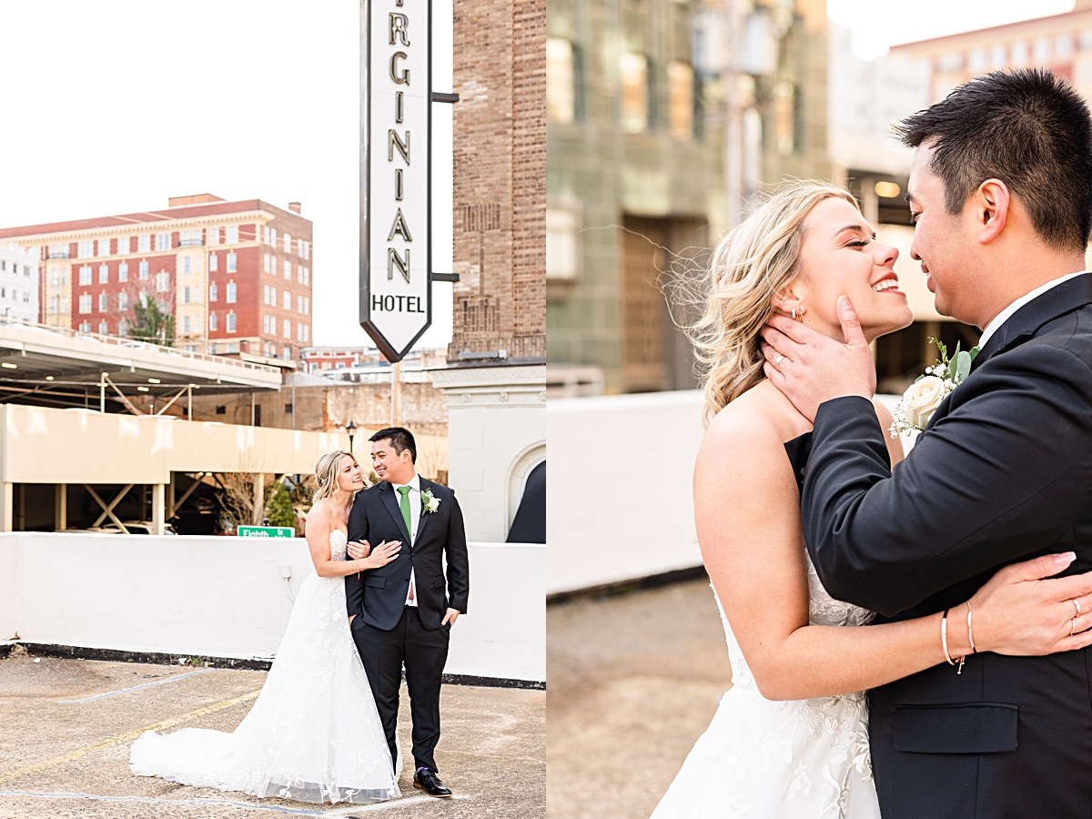 Portrait of the bride and groom on the stairs of Monument Terrace in Downtown Lynchburg at The Virginian Hotel in Lynchburg, Virginia.