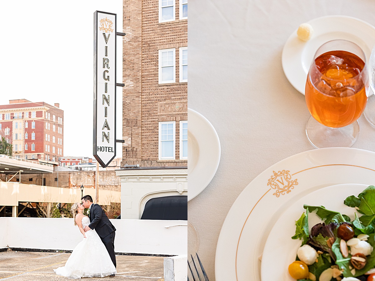 Portrait of the bride and groom in front of the sign of The Virginian Hotel in Lynchburg, Virginia.