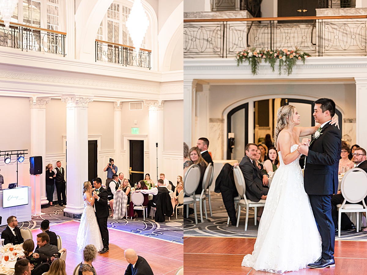 First dance with the bride and groom at their reception at The Virginian Hotel in Lynchburg, Virginia.