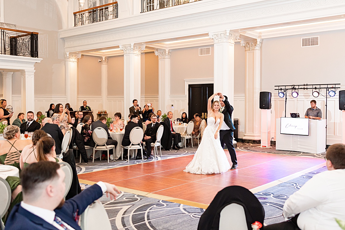 First dance with the bride and groom at their reception at The Virginian Hotel in Lynchburg, Virginia.