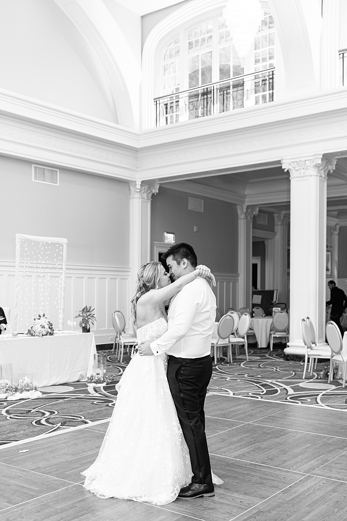 Bride and groom sharing a private last dance at the reception at The Virginian Hotel in Lynchburg, Virginia.