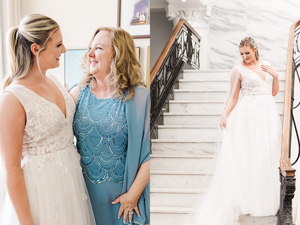 Mother of the bride helping the bride into her dress at the Virginian Hotel in Lynchburg, Virginia.