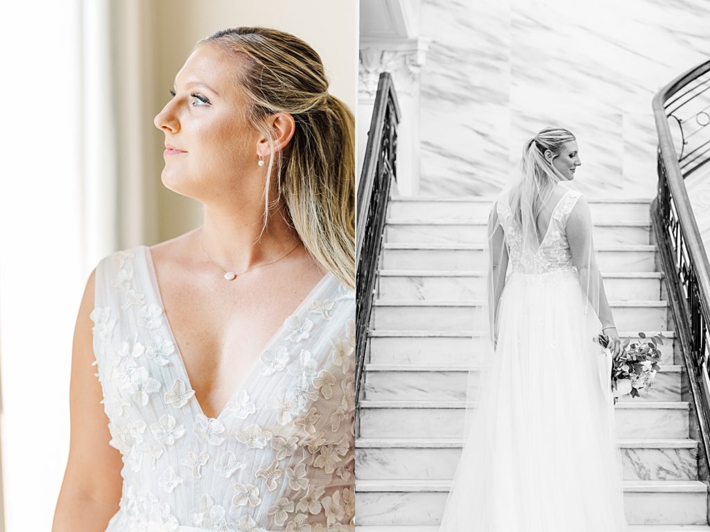 Bridal portraits on the stairs in the ballroom at the Virginian Hotel in Lynchburg, Virginia.