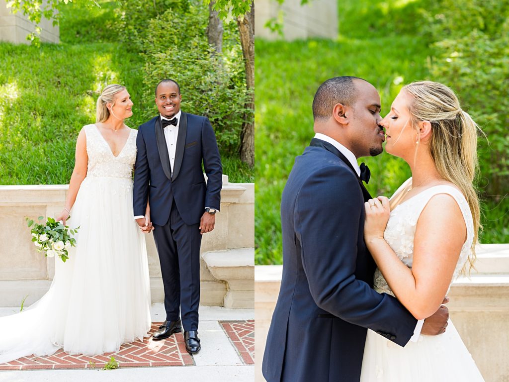 Bride and Groom first look portraits at Monument Terrace in Downtown Lynchburg, Virginia.