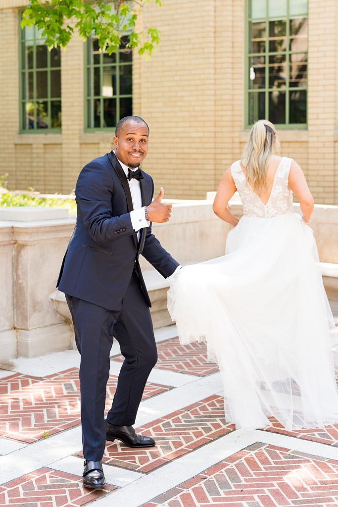 Bride and Groom first look portraits at Monument Terrace in Downtown Lynchburg, Virginia.