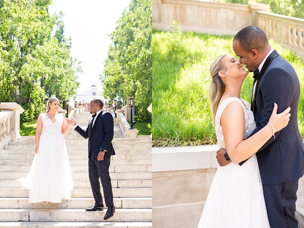 Bride and Groom first look portraits at Monument Terrace in Downtown Lynchburg, Virginia.