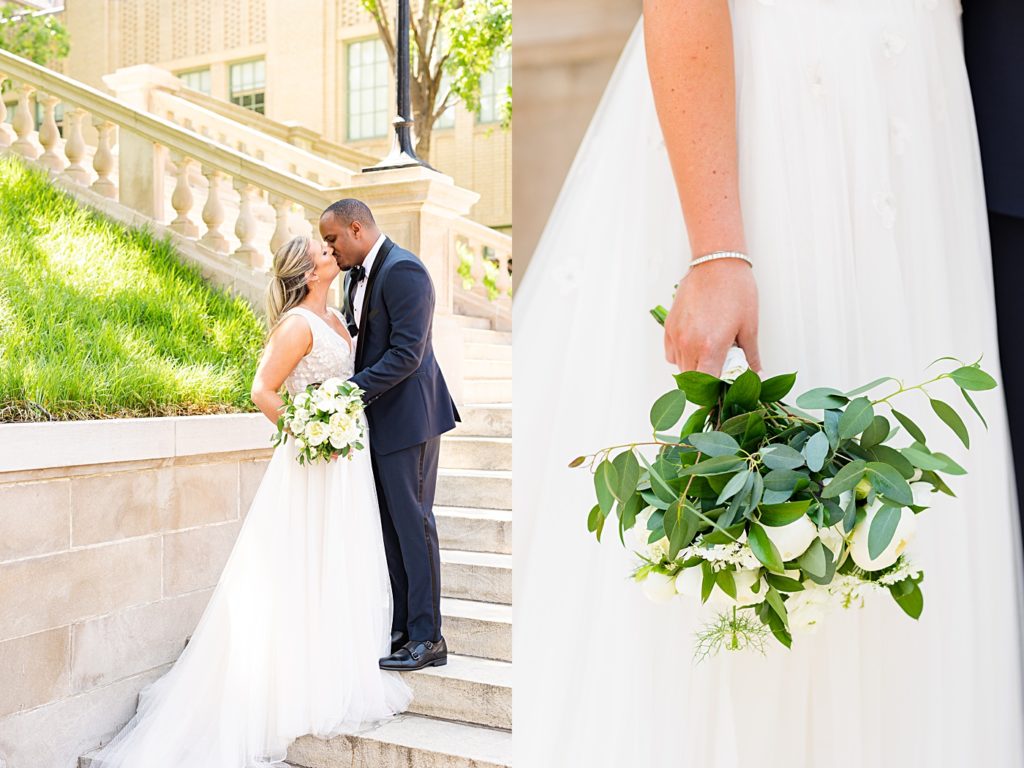 Bride and Groom portraits at Monument Terrace in Downtown Lynchburg, Virginia.