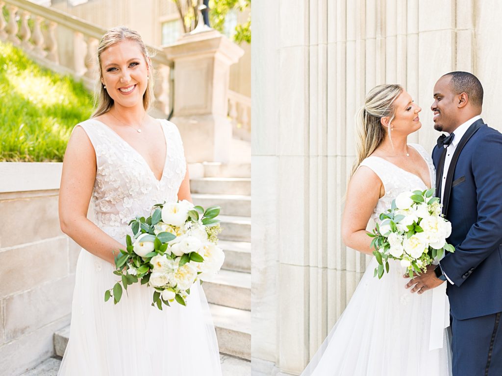 Bride and Groom portraits at Monument Terrace in Downtown Lynchburg, Virginia.