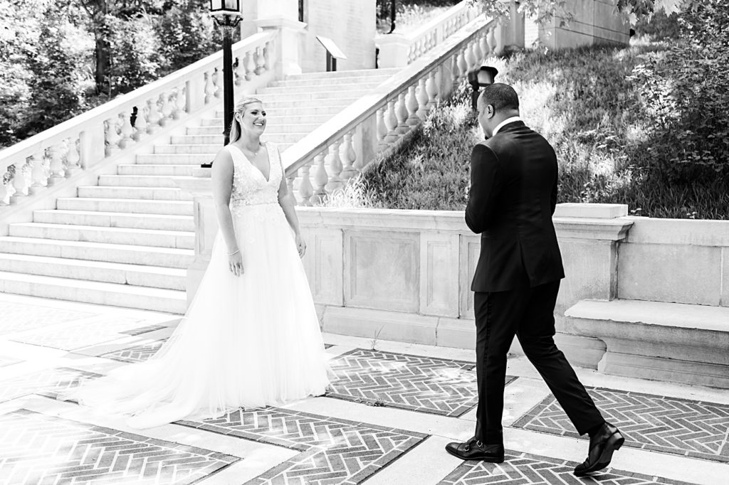 Bride and Groom first look portraits at Monument Terrace in Downtown Lynchburg, Virginia.