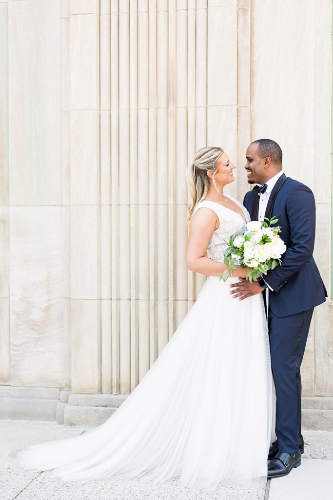 Bride and Groom portraits at Monument Terrace in Downtown Lynchburg, Virginia.