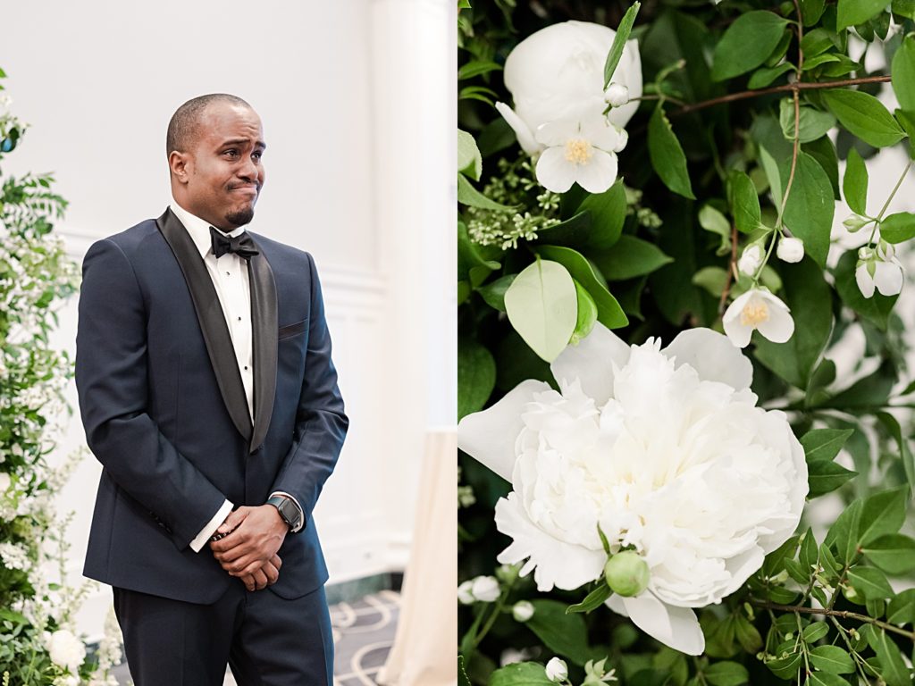 Groom's reaction to seeing his bride walking down the aisle at the Virginian Hotel in Lynchburg, Virginia.