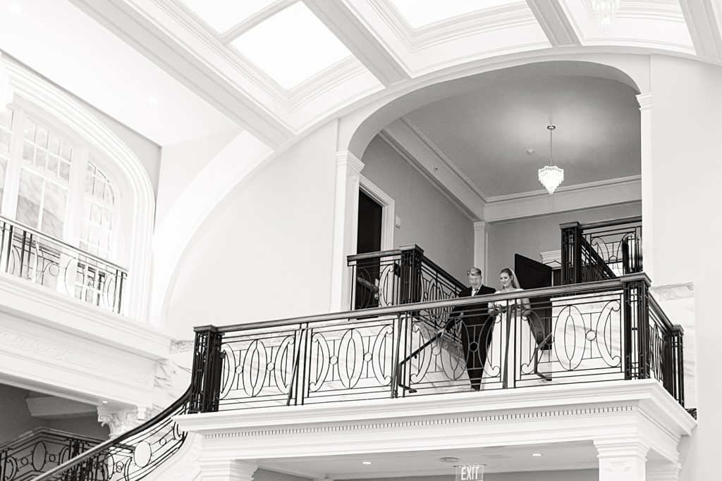 Bride walking down the aisle at the Virginian Hotel in Lynchburg, Virginia.