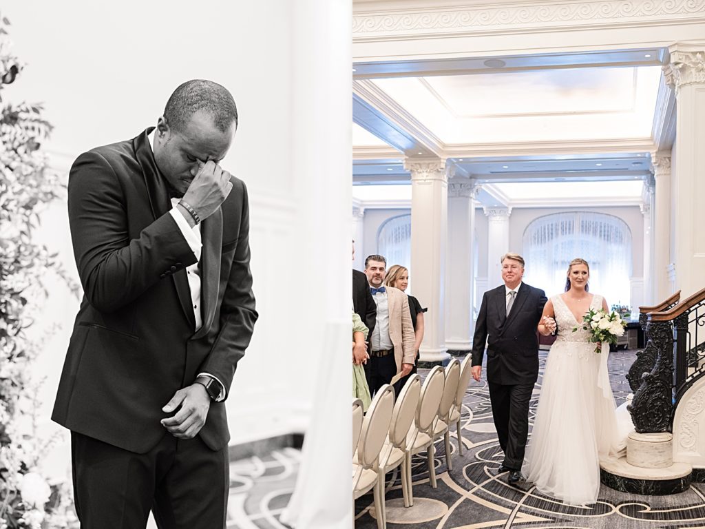 Groom's reaction to seeing his bride walking down the aisle at the Virginian Hotel in Lynchburg, Virginia.