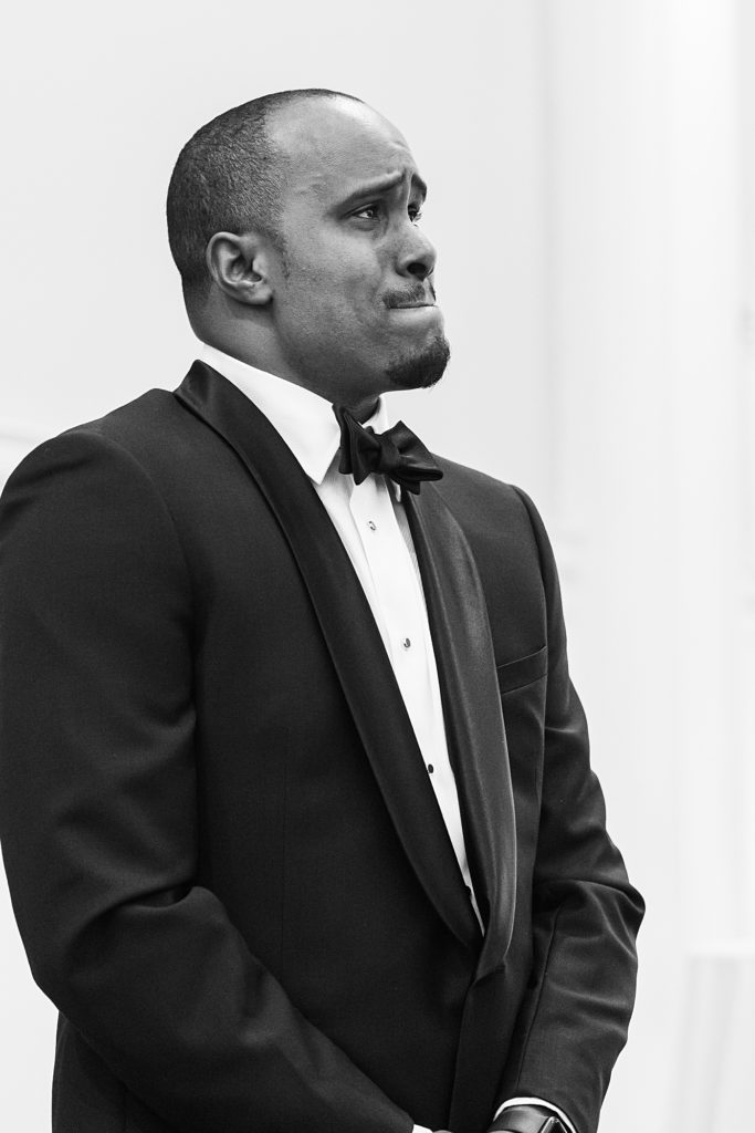 Groom's reaction to seeing his bride walking down the aisle at the Virginian Hotel in Lynchburg, Virginia.