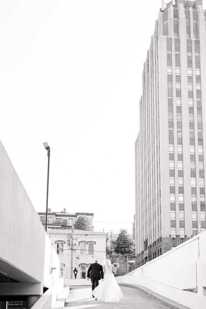 Newlywed photos on top the garage at the Virginian Hotel in Lynchburg, Virginia.