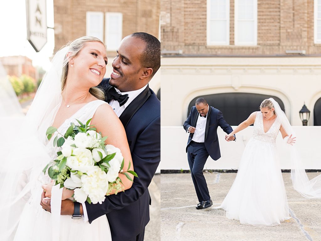 Newlywed photos on top the garage at the Virginian Hotel in Lynchburg, Virginia.