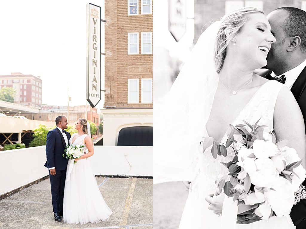 Newlywed photos on top the garage at the Virginian Hotel in Lynchburg, Virginia.