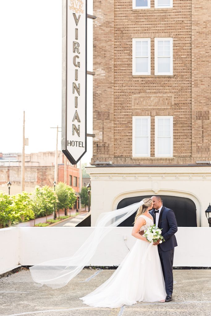 Newlywed photos on top the garage at the Virginian Hotel in Lynchburg, Virginia.