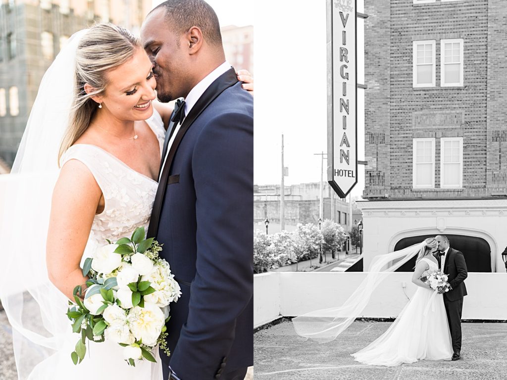 Newlywed photos on top the garage at the Virginian Hotel in Lynchburg, Virginia.