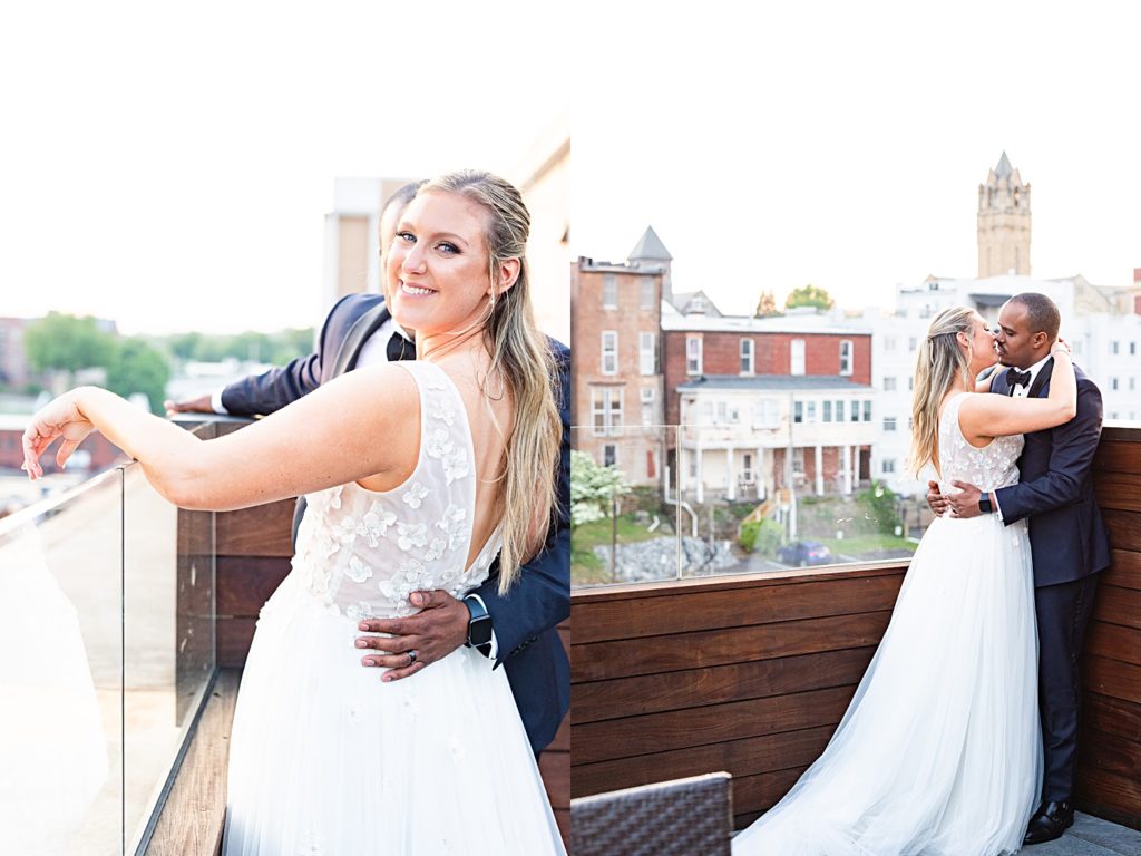 Rooftop sunset photos at this ballroom wedding at Virginian Hotel in Lynchburg, Virginia.