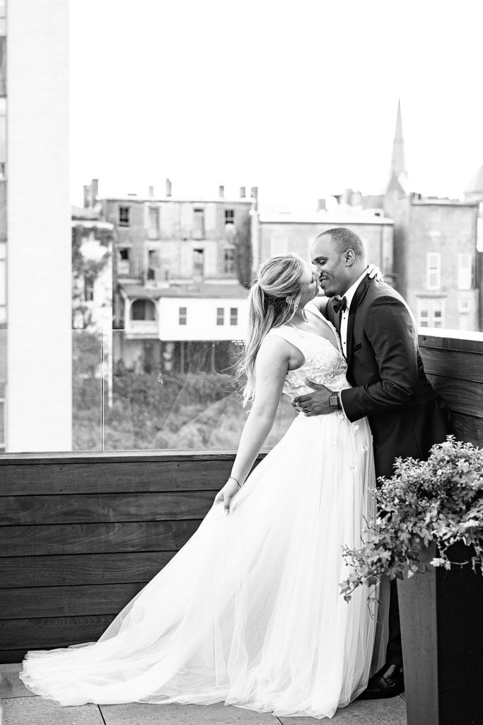 Rooftop sunset photos at this ballroom wedding at Virginian Hotel in Lynchburg, Virginia.