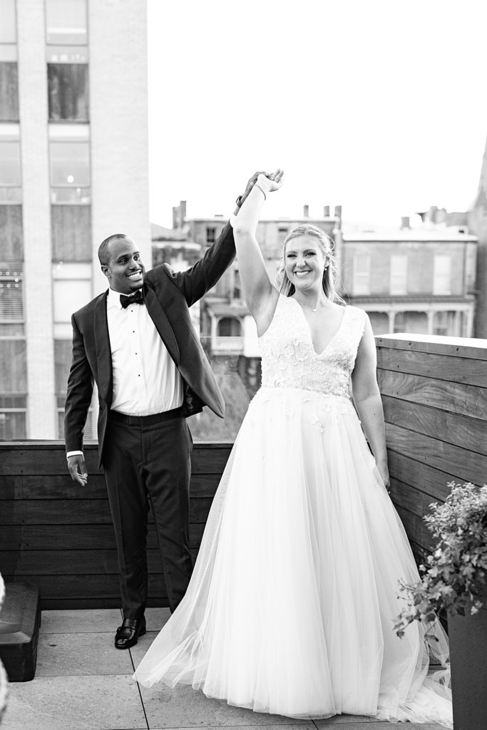 Rooftop sunset photos at this ballroom wedding at Virginian Hotel in Lynchburg, Virginia.